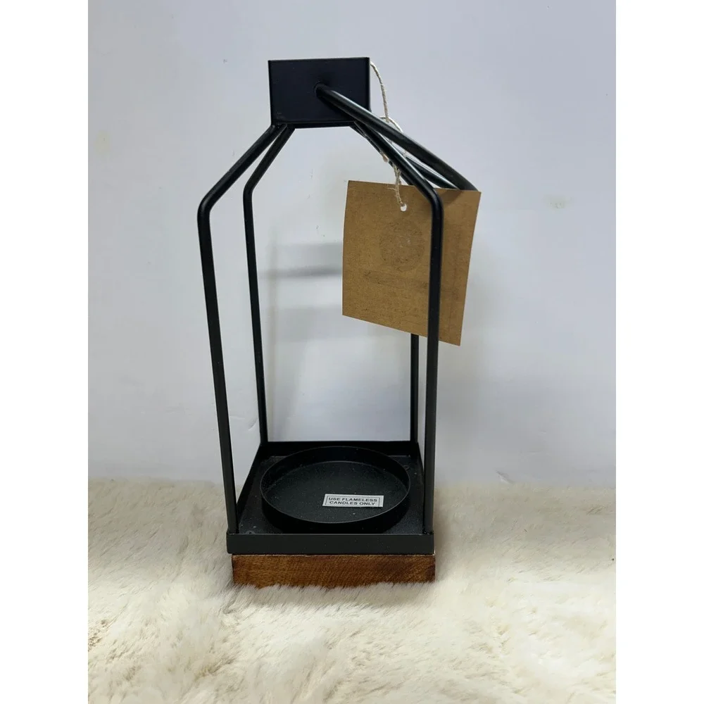 Sign of the Times Black Metal Lantern Wood Base Flameless‎ Candle Holder 303572